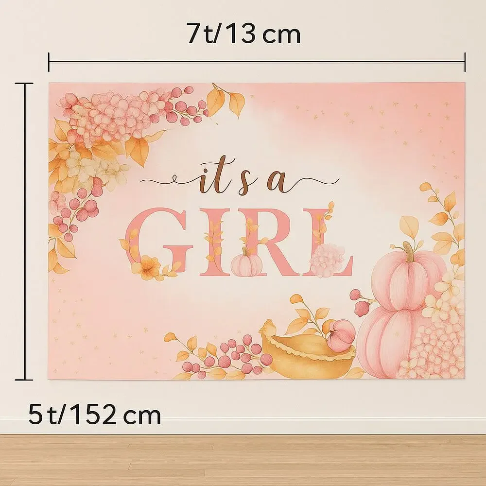 It’s a Girl Baby Shower Backdrop 7x5ft Fall Pumpkin Floral Polyester Decor